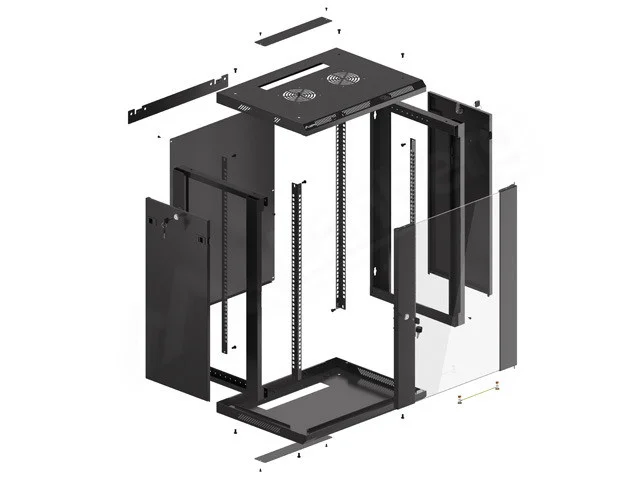 19" RACKOVÁ SKŘÍŇ PRO MONTÁŽ NA STĚNU 15U/600X450 (FLAT PACK) S PROSKLENÝMI DVEŘMI ČERNÁ  V2
