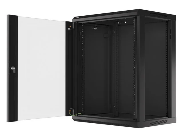 19" RACKOVÁ SKŘÍŇ PRO MONTÁŽ NA STĚNU 15U/600X450 (FLAT PACK) S PROSKLENÝMI DVEŘMI ČERNÁ  V2