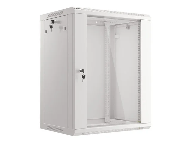19" RACKOVÁ SKŘÍŇ PRO MONTÁŽ NA STĚNU 15U/600X450 (FLAT PACK) S PROSKLENÝMI DVEŘMI ŠEDÁ  V2
