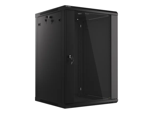 19" RACKOVÁ SKŘÍŇ PRO MONTÁŽ NA STĚNU 18U/600X600 (PLOCHÉ BALENÍ) S PROSKLENÝMI DVEŘMI ČERNÁ  V2