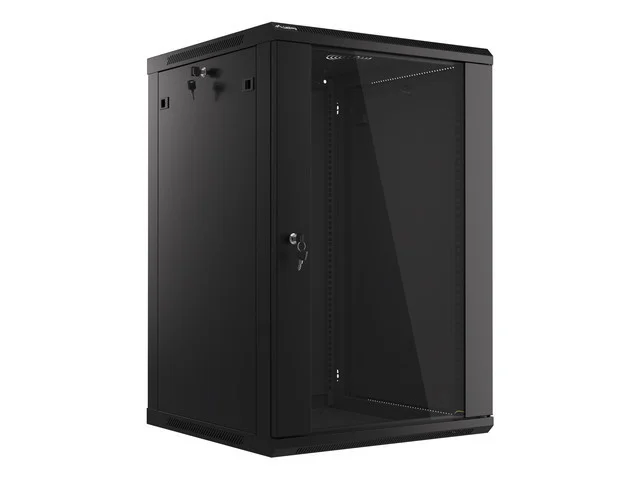 19" RACKOVÁ SKŘÍŇ PRO MONTÁŽ NA STĚNU 18U/600X600 (PLOCHÉ BALENÍ) S PROSKLENÝMI DVEŘMI ČERNÁ  V2