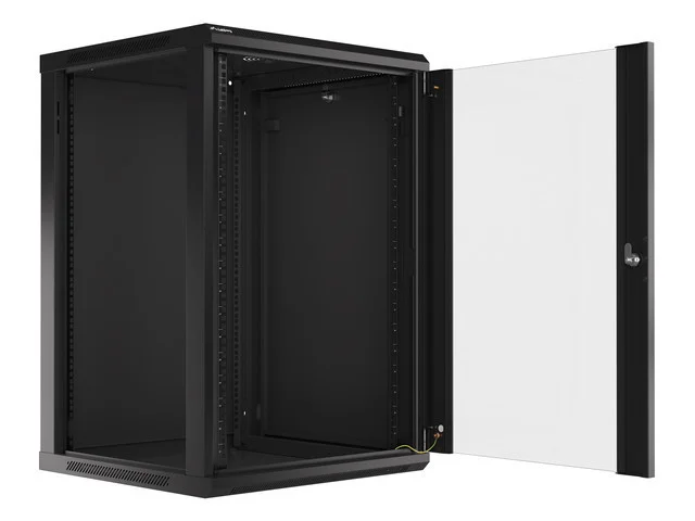 19" RACKOVÁ SKŘÍŇ PRO MONTÁŽ NA STĚNU 18U/600X600 (PLOCHÉ BALENÍ) S PROSKLENÝMI DVEŘMI ČERNÁ  V2