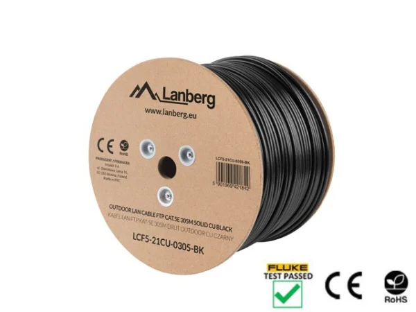 LAN KABEL CAT.5E FTP 305M PEVNÝ VENKOVNÍ CU ČERNÝ