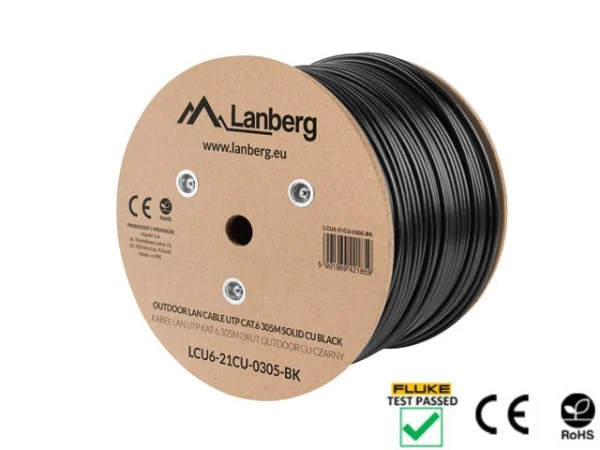 LAN KABEL CAT.6 UTP 305M PEVNÝ VENKOVNÍ CU ČERNÝ